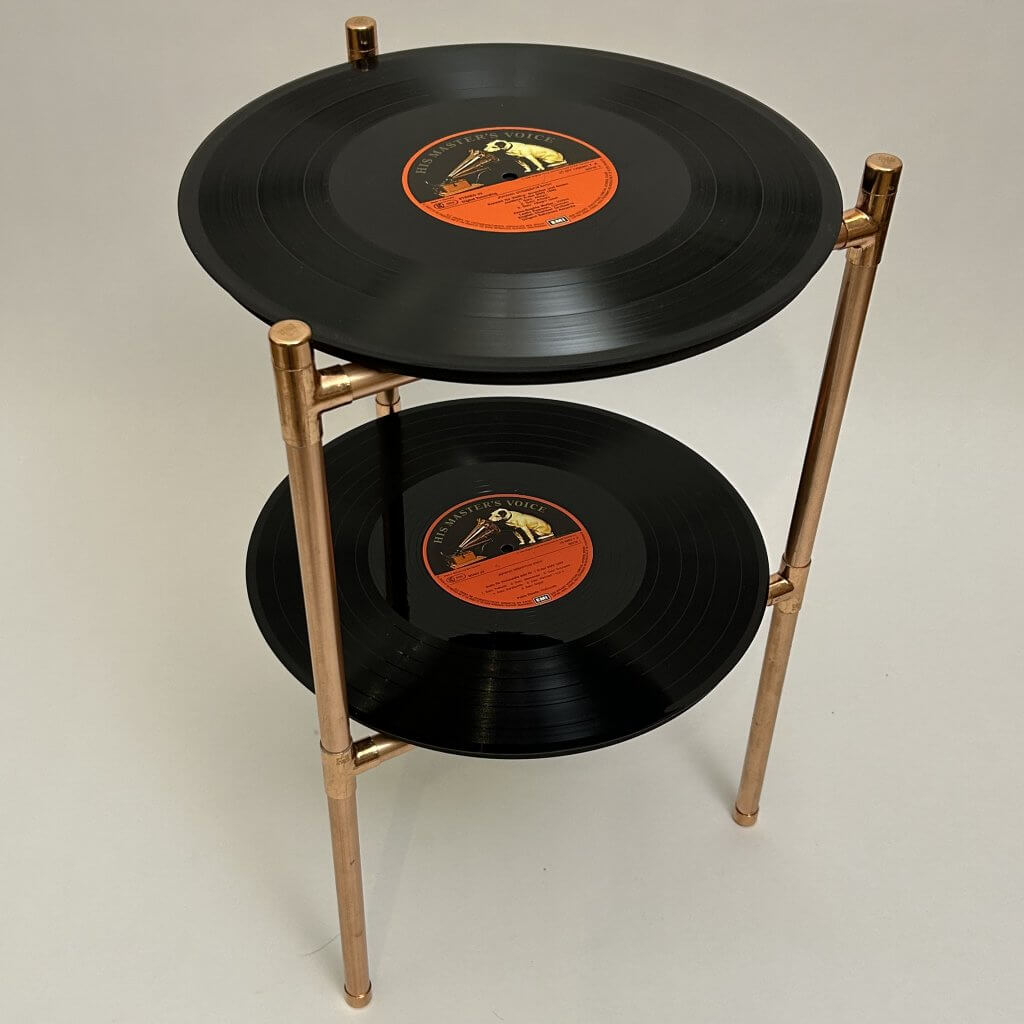 Kupfer-Schallplattenregal – Vintage Beistelltisch, Nachttisch, Couchtisch